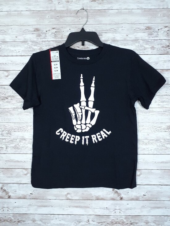 Celebrate It Other - Halloween Youth T Shirt Kids Tee Skeleton Peace Sign Creep It Real Black 973A